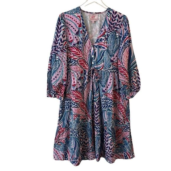 Banjanan Midi Length Puff Sleeve Dress Feather Chili Tropical print Size‎ large - Picture 1 of 14